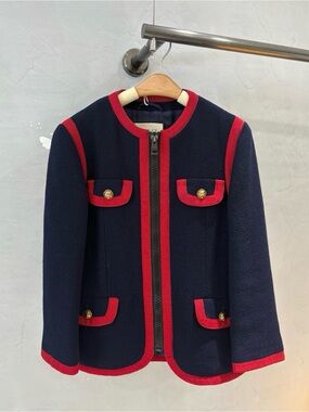 Gucci Navy Blue and Red Trimmed Wool Jacket